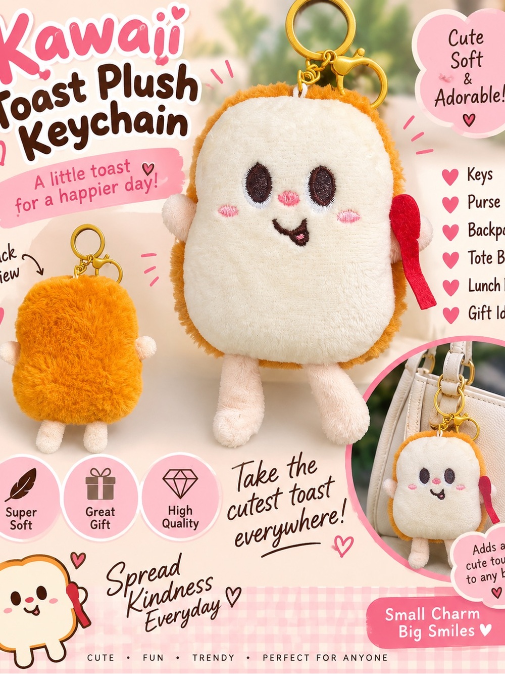Kawaii Toast Plush Keychain - Cream & Orange